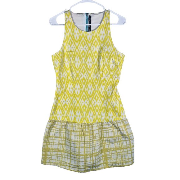 W118 By Walter Baker Lined Yellow Green Abstract Drop Waist Dress Size Small - Picture 1 of 4